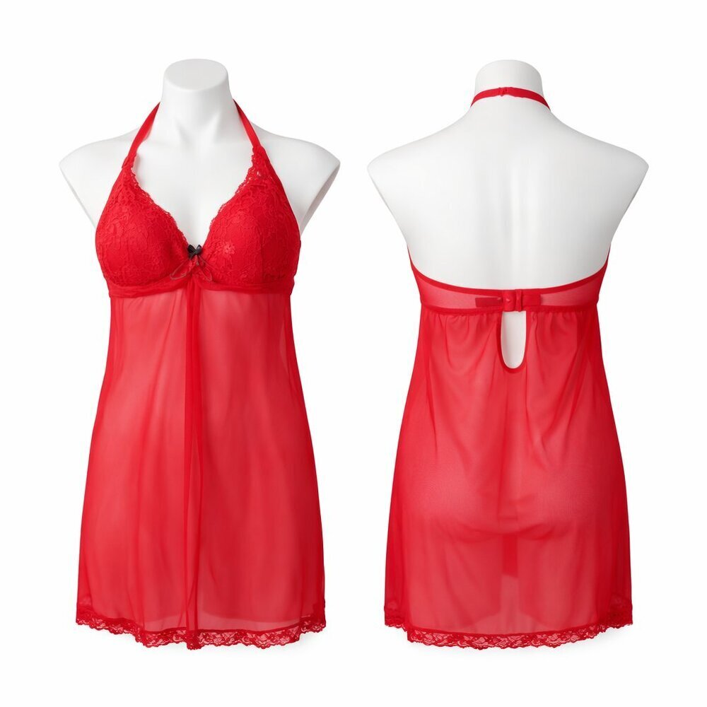 MARILYN MONROE Romantic Red Lace Sheer Halter Babydoll Lingerie Size L
